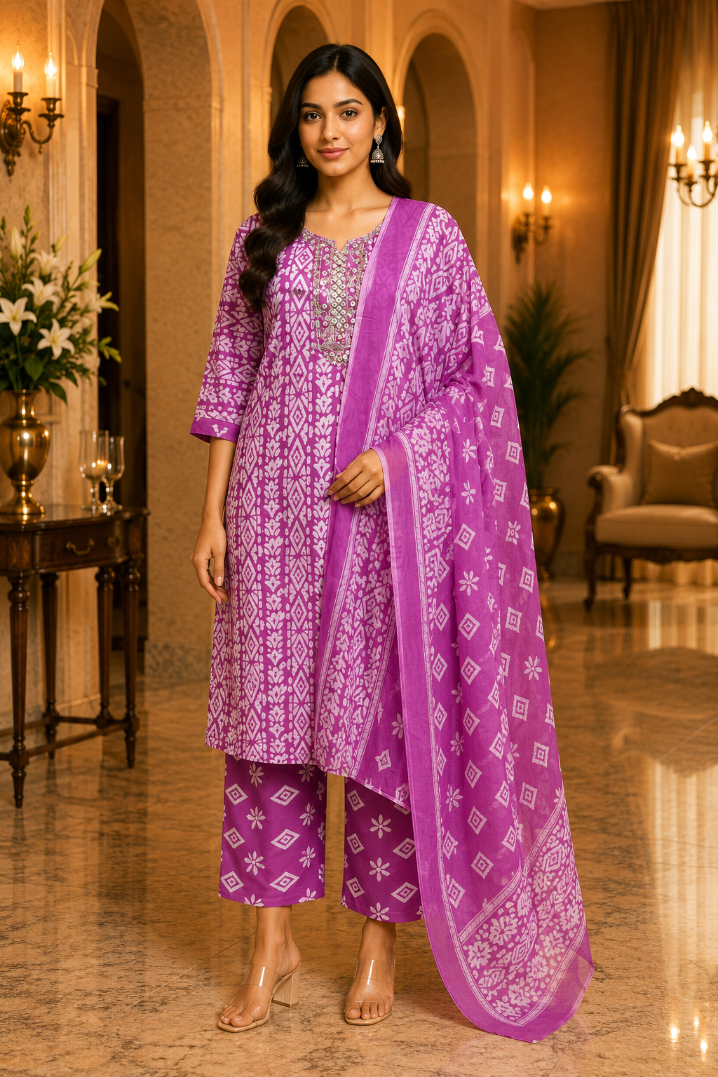 Magenta Pink Cotton 3-piece Set with Embellished Neckline