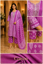 Magenta Pink Cotton 3-piece Set with Embellished Neckline
