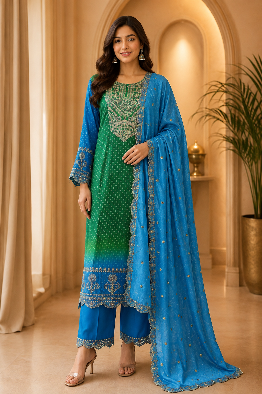 Green &amp; Blue American Satin Embroidered 3-Piece Ethnic Suit Set