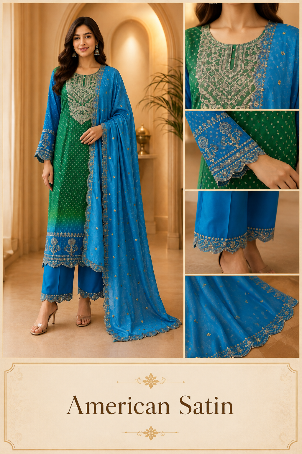 Green &amp; Blue American Satin Embroidered 3-Piece Ethnic Suit Set