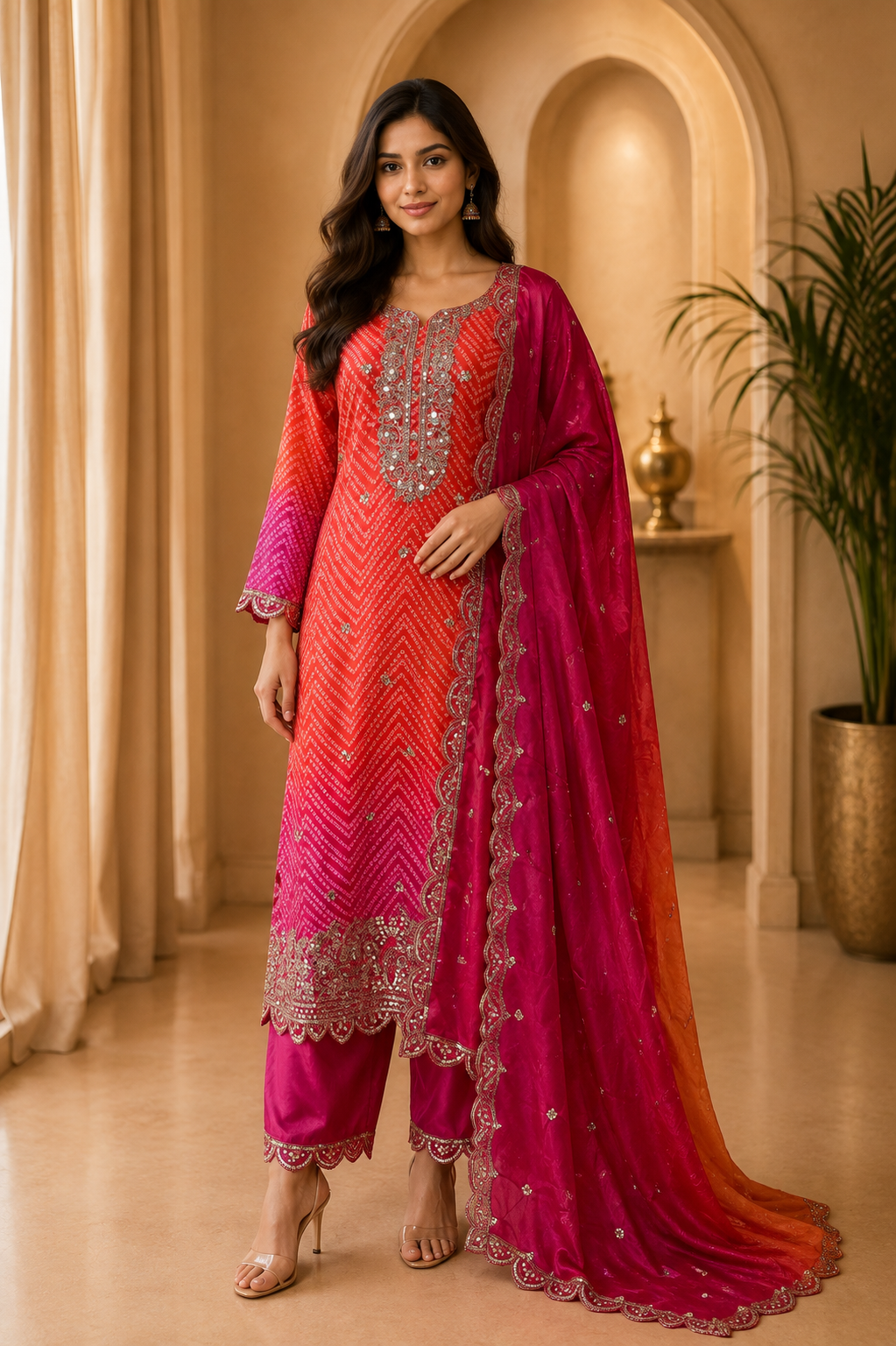 Orange & Magenta American Satin Embroidered 3-Piece Ethnic Suit Set
