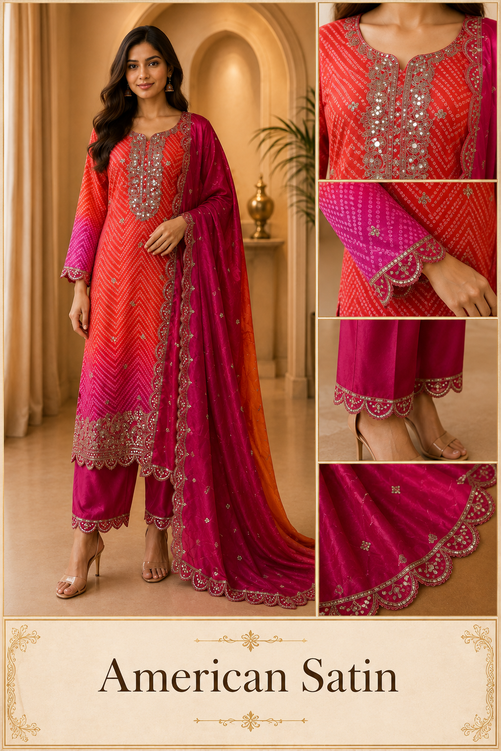 Orange & Magenta American Satin Embroidered 3-Piece Ethnic Suit Set