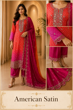 Orange & Magenta American Satin Embroidered 3-Piece Ethnic Suit Set