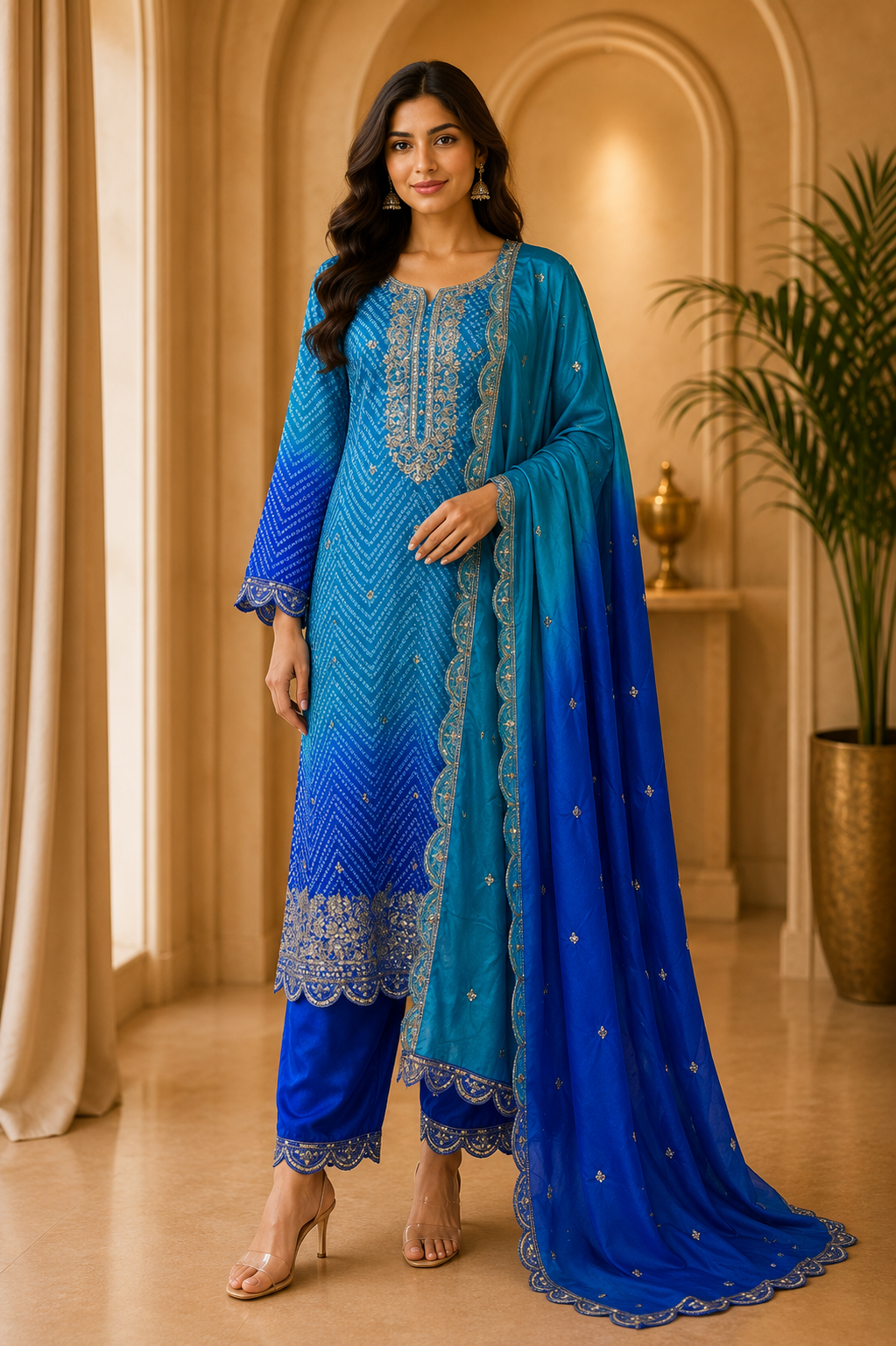 Sky Blue &amp; Royal Blue American Satin Embroidered 3-Piece Ethnic Suit Set