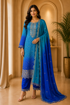 Sky Blue &amp; Royal Blue American Satin Embroidered 3-Piece Ethnic Suit Set
