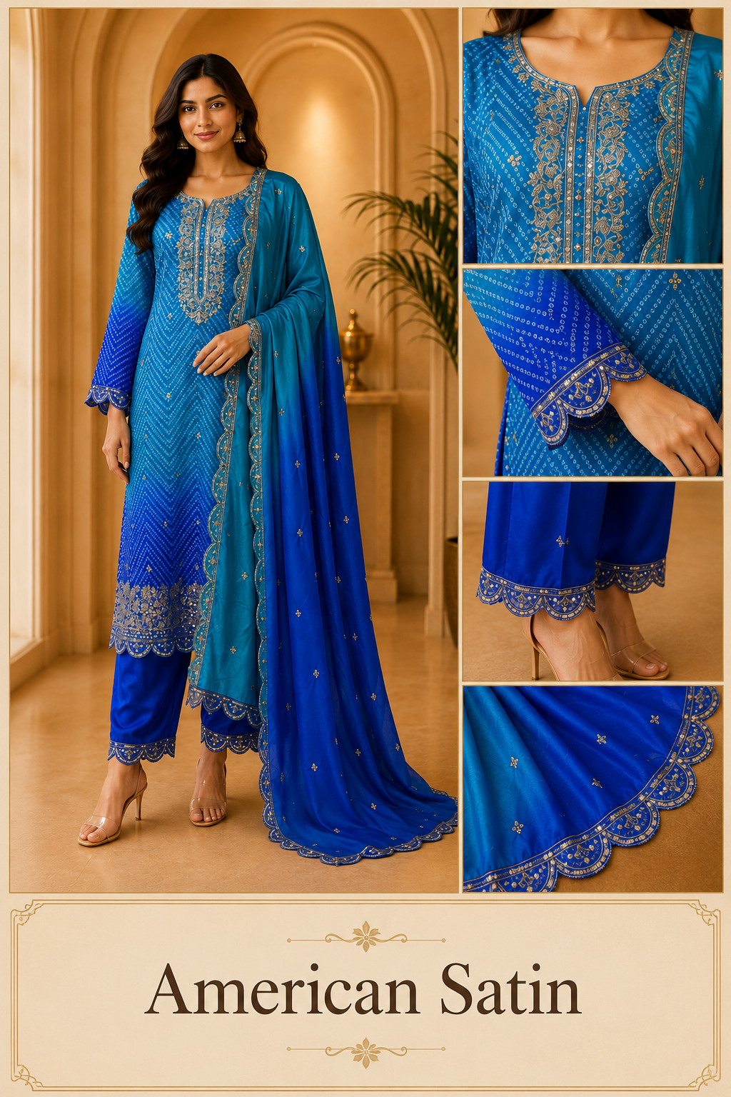 Sky Blue &amp; Royal Blue American Satin Embroidered 3-Piece Ethnic Suit Set