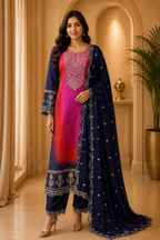 Pink, Coral & .Navy Blue American Satin Embroidered 3-Piece Ethnic Suit Set