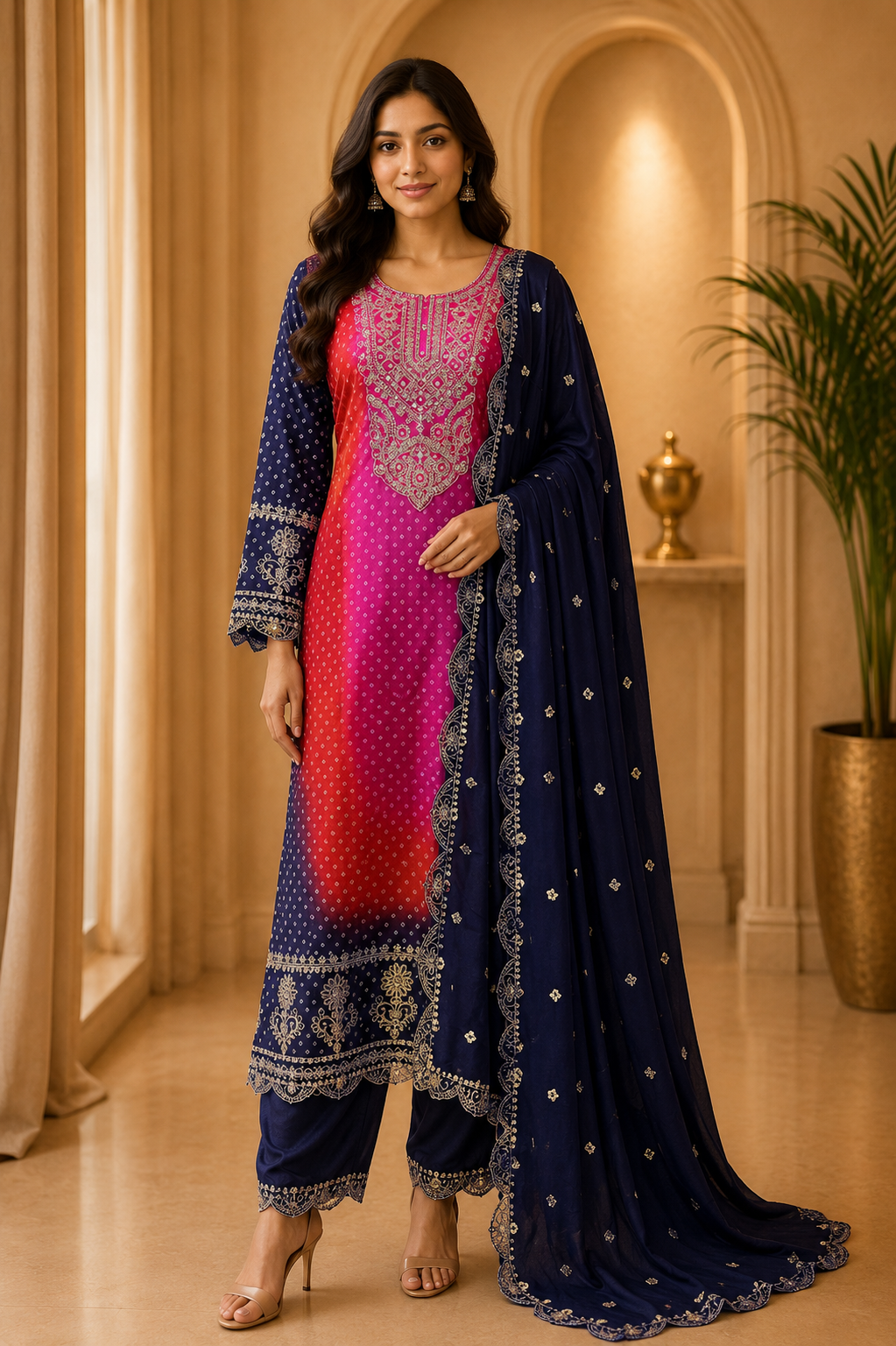 Pink, Coral & .Navy Blue American Satin Embroidered 3-Piece Ethnic Suit Set
