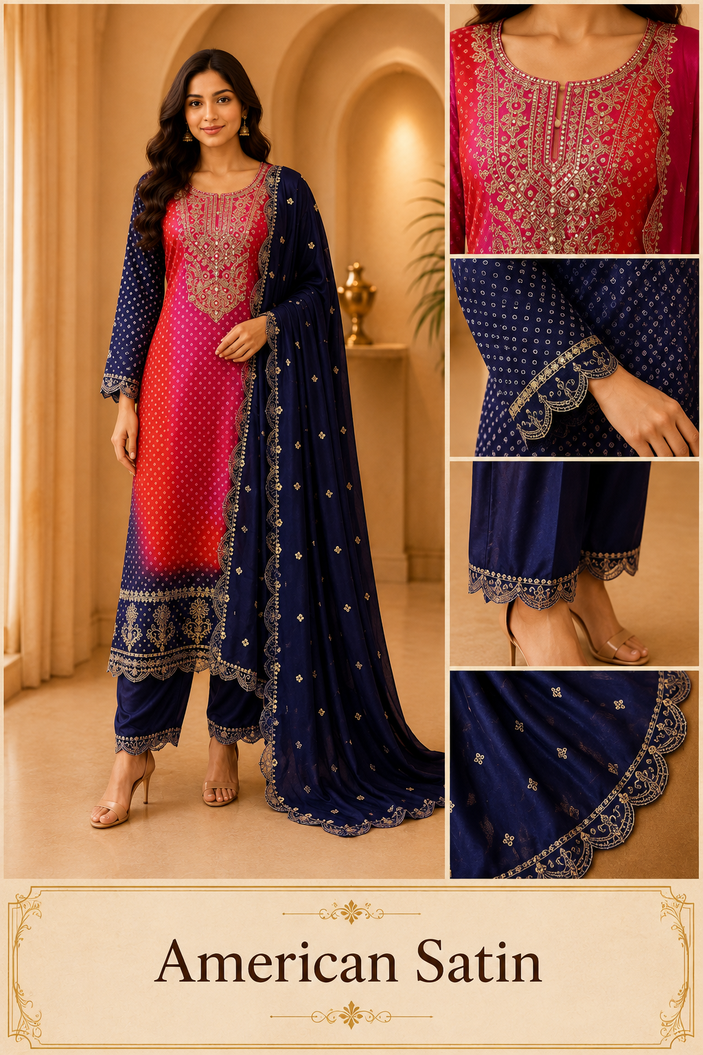 Pink, Coral & .Navy Blue American Satin Embroidered 3-Piece Ethnic Suit Set