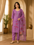Premium Lavender ROMAN SILK 3-Piece Ethnic Suit Set with Embroidered Neckline &amp; Floral Printed Dupatta
