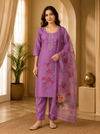 Premium Lavender ROMAN SILK 3-Piece Ethnic Suit Set with Embroidered Neckline &amp; Floral Printed Dupatta