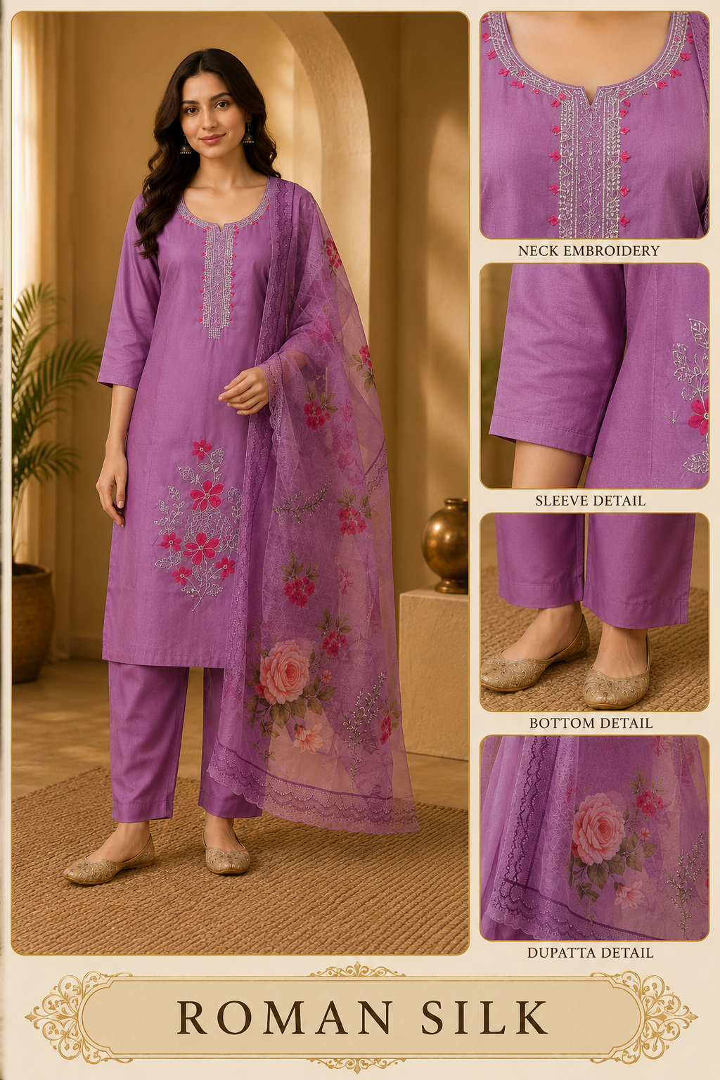 Premium Lavender ROMAN SILK 3-Piece Ethnic Suit Set with Embroidered Neckline &amp; Floral Printed Dupatta