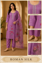 Premium Lavender ROMAN SILK 3-Piece Ethnic Suit Set with Embroidered Neckline &amp; Floral Printed Dupatta