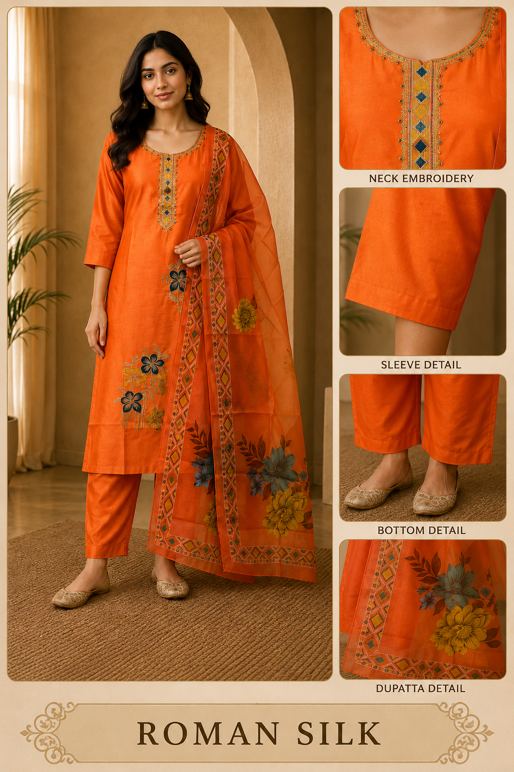 Premium Orange ROMAN SILK 3-Piece Ethnic Suit Set with Embroidered Neckline & Floral Printed Dupatta