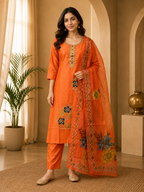 Premium Orange ROMAN SILK 3-Piece Ethnic Suit Set with Embroidered Neckline & Floral Printed Dupatta