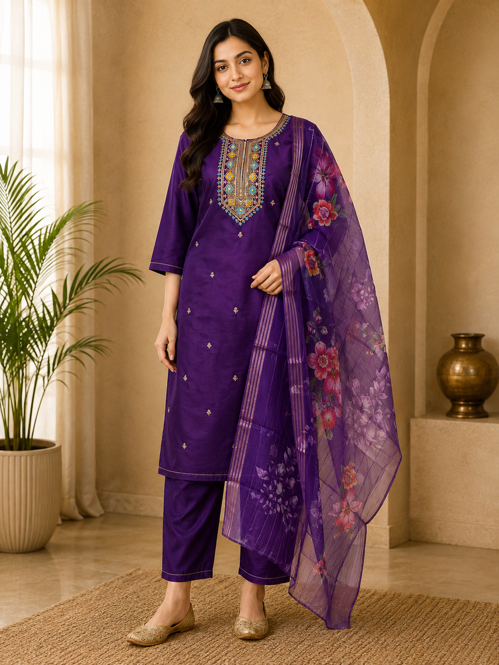 Royal Purple ROMAN SILK Embroidered 3-Piece Ethnic Suit Set with Floral Dupatta