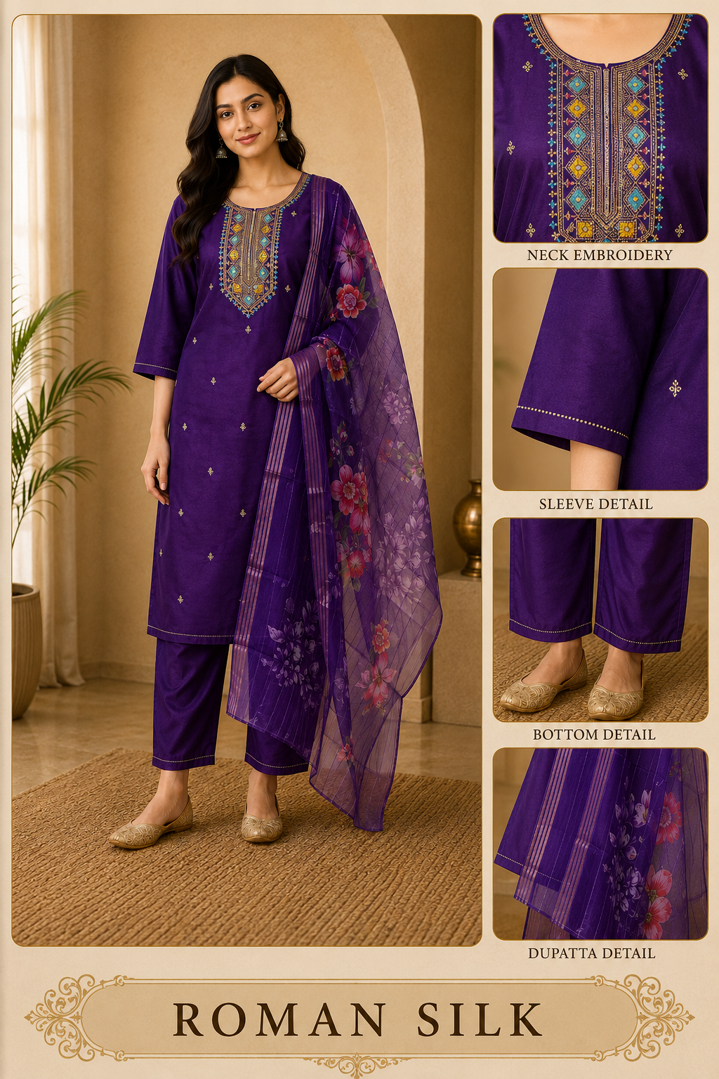 Royal Purple ROMAN SILK Embroidered 3-Piece Ethnic Suit Set with Floral Dupatta
