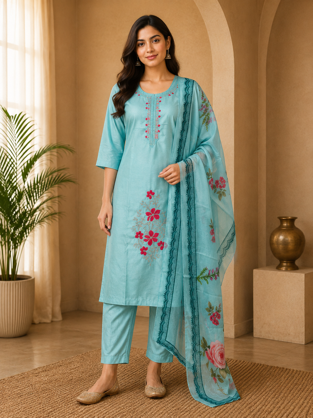 Aqua Blue ROMAN SILK Embroidered 3-Piece Ethnic Suit Set with Floral Dupatta