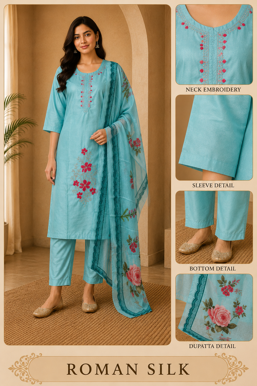 Aqua Blue ROMAN SILK Embroidered 3-Piece Ethnic Suit Set with Floral Dupatta
