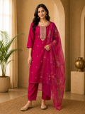 Premium ROMAN SILK Deep Pink 3-Piece Embroidered Ethnic Suit Set with Floral Dupatta