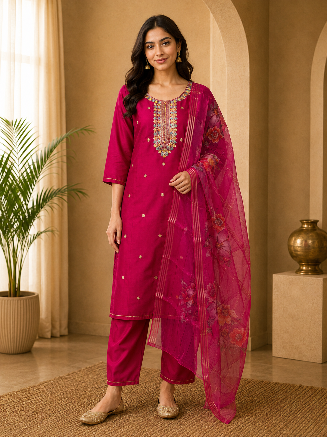 Premium ROMAN SILK Deep Pink 3-Piece Embroidered Ethnic Suit Set with Floral Dupatta