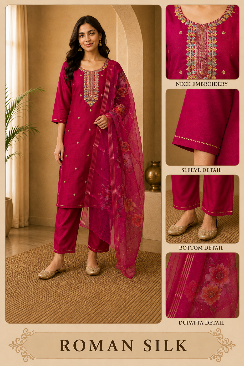 Premium ROMAN SILK Deep Pink 3-Piece Embroidered Ethnic Suit Set with Floral Dupatta