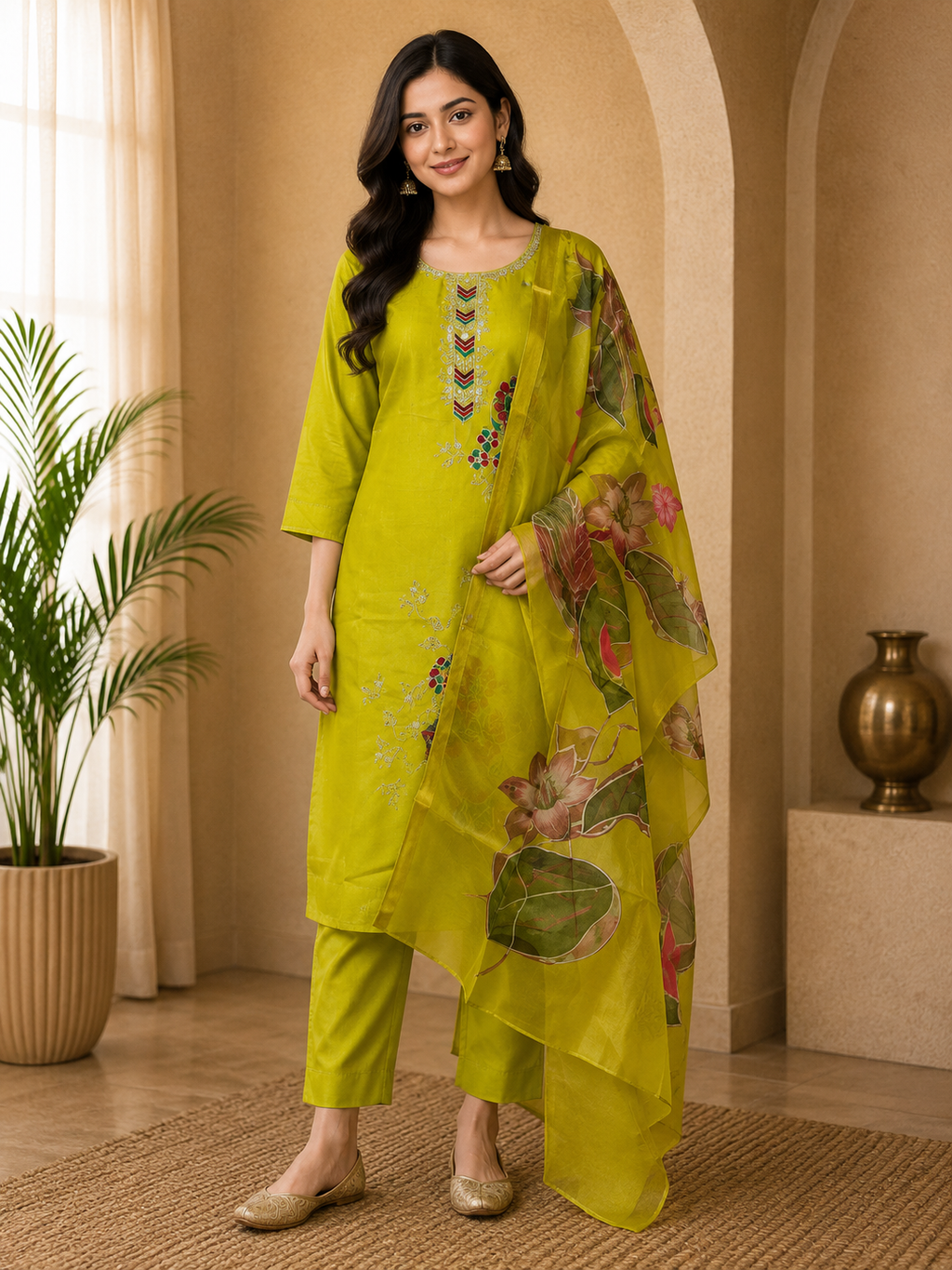 Lime Green ROMAN SILK Embroidered 3-Piece Ethnic Suit Set with Printed Dupatta