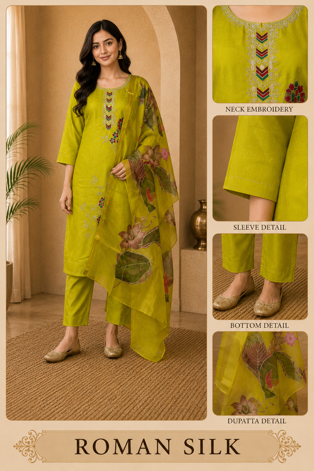 Lime Green ROMAN SILK Embroidered 3-Piece Ethnic Suit Set with Printed Dupatta
