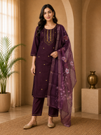Plum Purple ROMAN SILK Embroidered 3-Piece Ethnic Suit Set with Floral Printed Dupatta