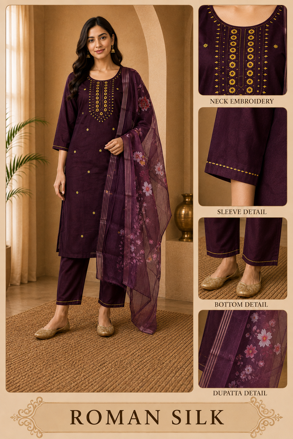 Plum Purple ROMAN SILK Embroidered 3-Piece Ethnic Suit Set with Floral Printed Dupatta