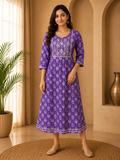 Premium Purple Rayon Round Kurti for Women | 1-Piece Printed Ethnic Wear