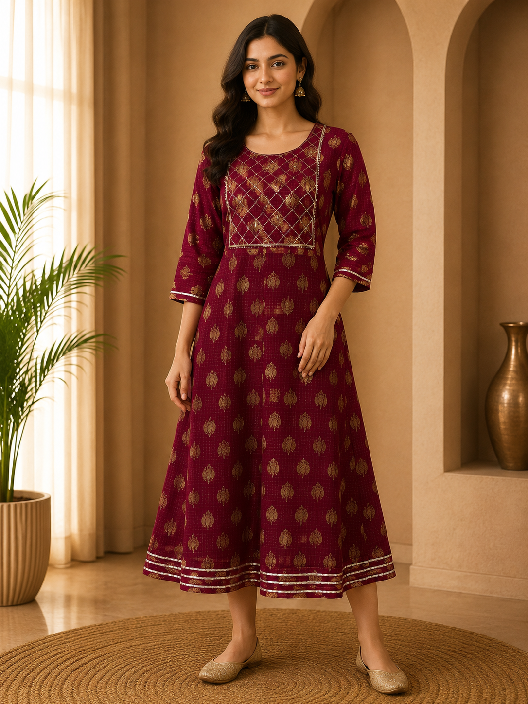 Maroon Rayon Round Neck Embroidered 1-Piece Kurti for Women