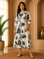 Black &amp; White Rayon Round Neck Printed 1-Piece Kurti for Women