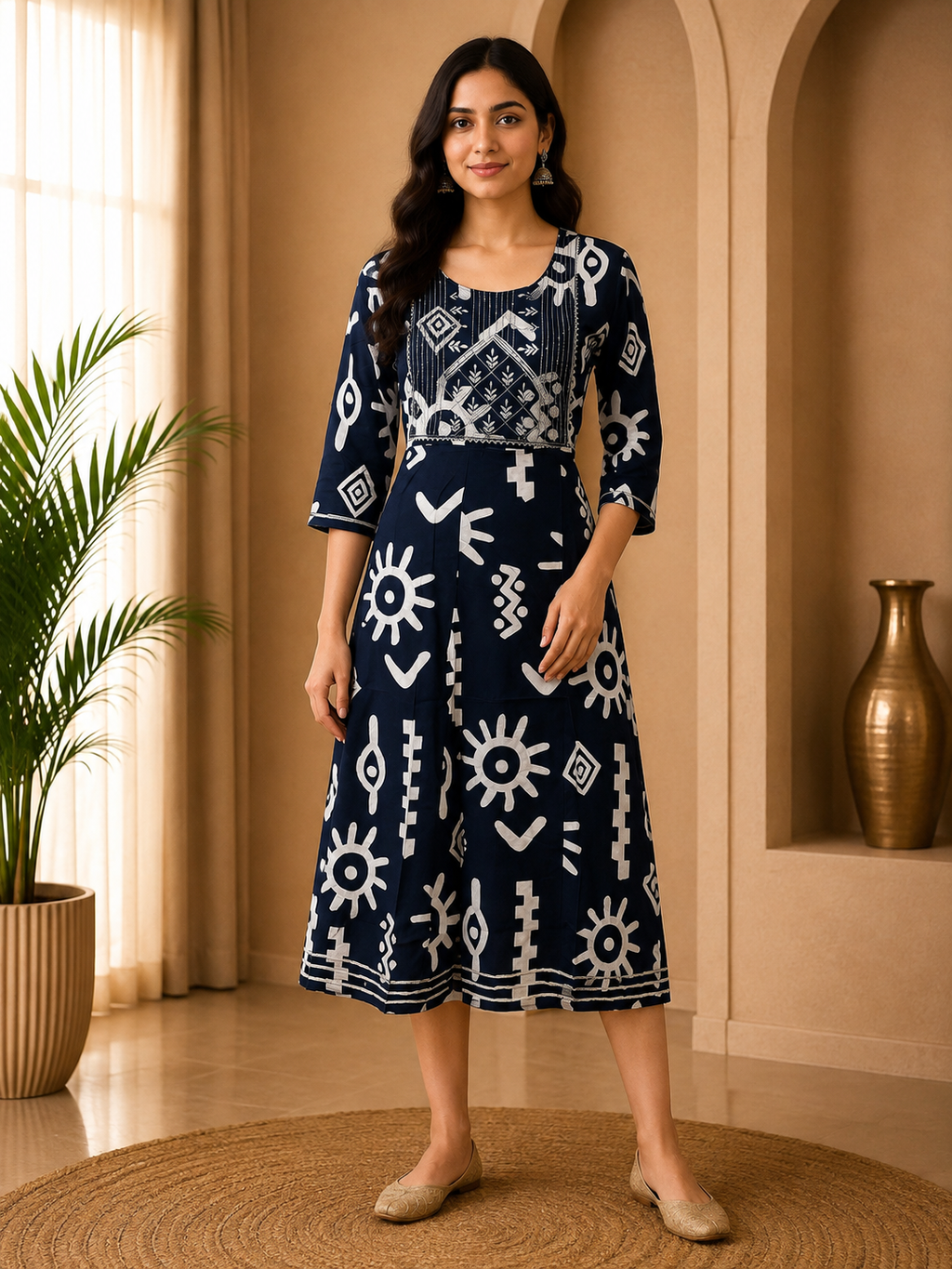 Navy Blue &amp; White Rayon Round Neck Printed 1-Piece Kurti for Women