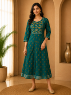 Teal Green Rayon 1-Piece Round Kurti with Embroidered Yoke