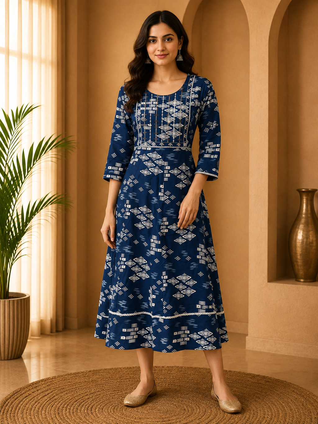 Royal Blue Rayon 1-Piece Round Kurti with Printed Design and Embroidered Yoke