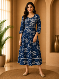 Royal Blue Rayon 1-Piece Round Kurti with Printed Design and Embroidered Yoke