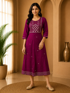 Magenta Rayon 1-Piece Round Kurti with Embroidered Yoke