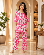 Bright Pink Cotton Floral Print Co-Ord Set for Women