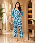 Teal Blue Cotton Floral Print Co-Ord Set for Women