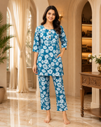 Teal Blue Cotton Floral Print Co-Ord Set for Women
