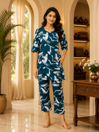 Teal Blue Cotton Abstract Print Co-Ord Set for Women