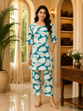 Teal Blue Cotton Tropical Leaf Print Co-Ord Set for Women