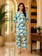 Teal Blue Cotton Tropical Leaf Print Co-Ord Set for Women