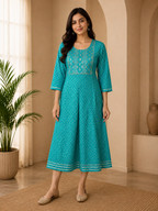 Premium Teal Rayon Round Neck Embroidered 1-Piece Kurti