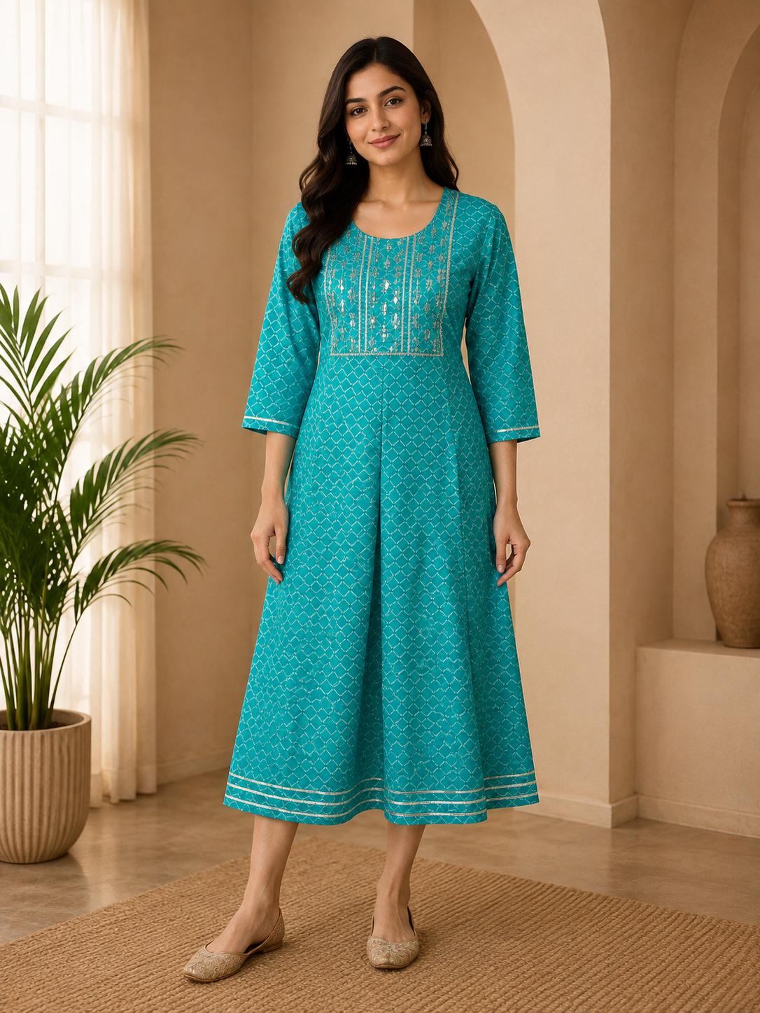 Premium Teal Rayon Round Neck Embroidered 1-Piece Kurti