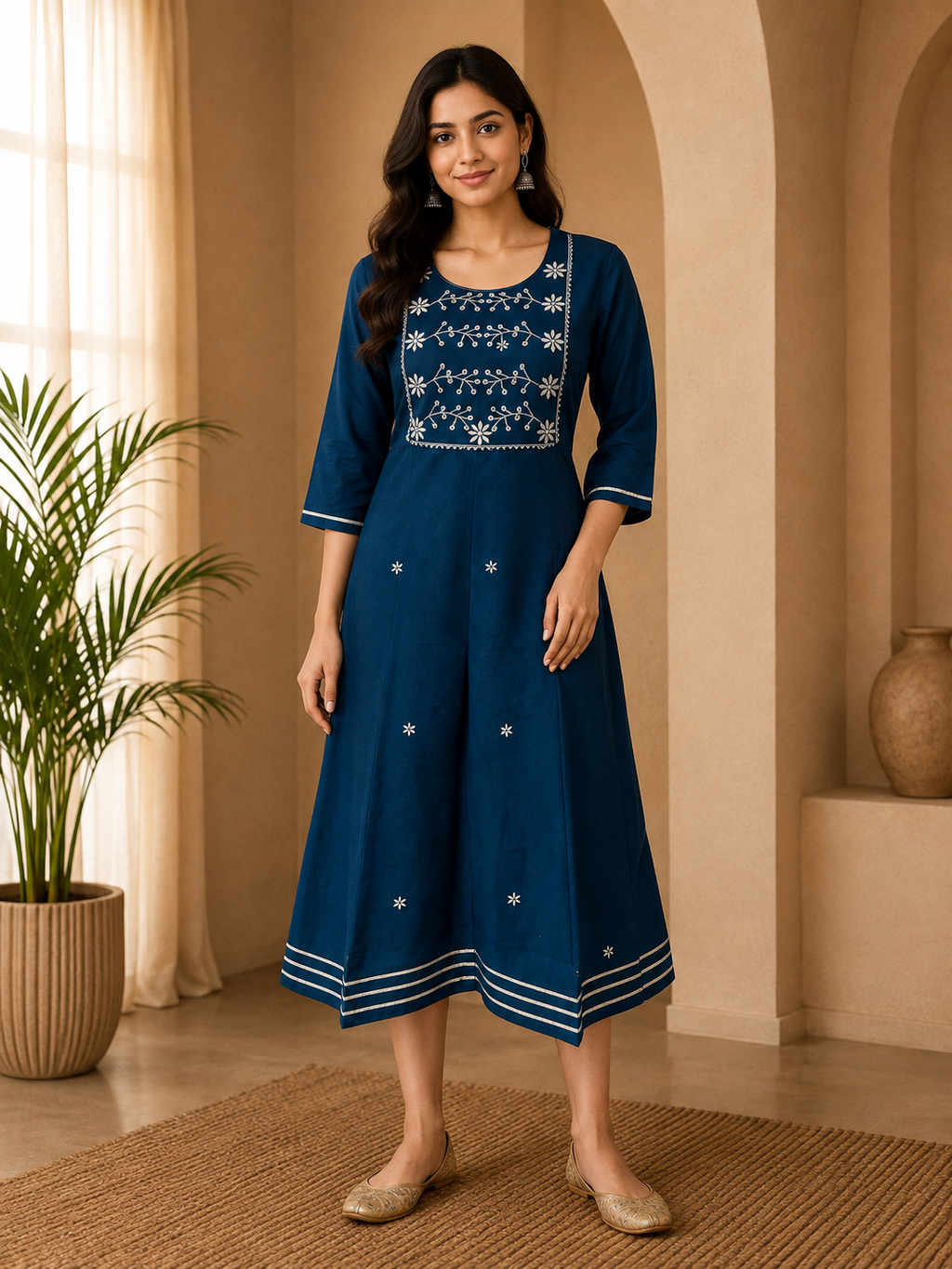 Premium Navy Blue Rayon Embroidered Round Neck 1-Piece Kurti