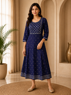 Premium Royal Blue Rayon Embroidered Round Neck 1-Piece Kurti