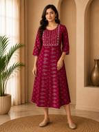Premium Magenta Rayon Round Neck Embroidered 1-Piece Kurti