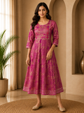 Premium Fuchsia Pink Rayon Round Neck Printed 1-Piece Kurti